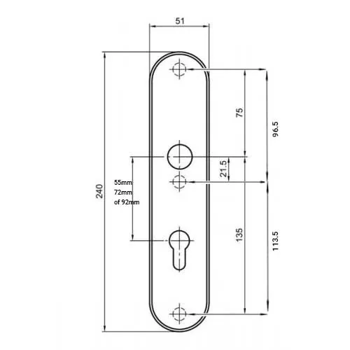Technische tekening van veiligheidsbeslag met PC-maten 55, 72 en 92 mm