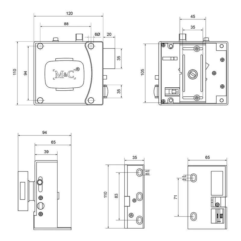 Technische tekening met de maten van een oplegslot en de sluitkom